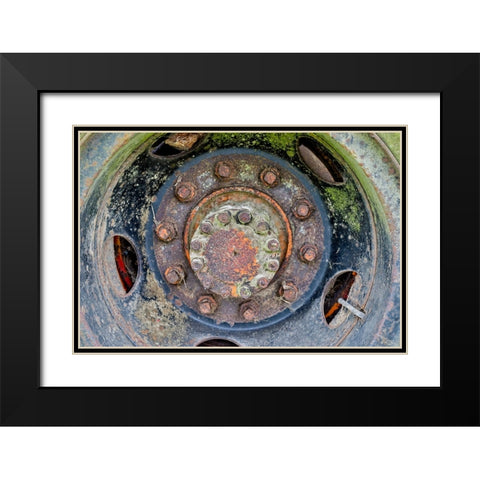 USA- Oregon- Tillamook. Close-up of old and rusted painted truck wheels Black Modern Wood Framed Art Print with Double Matting by Gulin, Darrell
