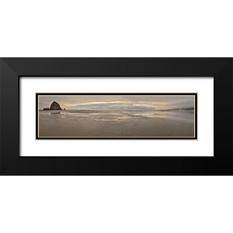 USA- Oregon. Cannon Beach and panorama of Haystack at sunset and low tide. Black Modern Wood Framed Art Print with Double Matting by Gulin, Darrell