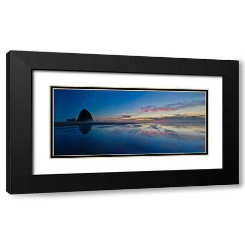 USA- Oregon. Cannon Beach and panorama of Haystack at sunset and low tide. Black Modern Wood Framed Art Print with Double Matting by Gulin, Darrell
