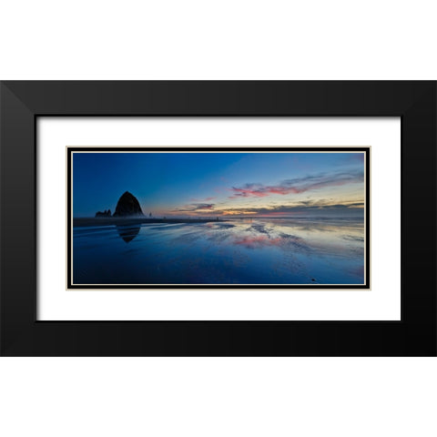 USA- Oregon. Cannon Beach and panorama of Haystack at sunset and low tide. Black Modern Wood Framed Art Print with Double Matting by Gulin, Darrell