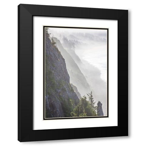 Oregon-Oswald West State Park and cliff bluffs looking towards Manzanita with lifting fog Black Modern Wood Framed Art Print with Double Matting by Gulin, Sylvia