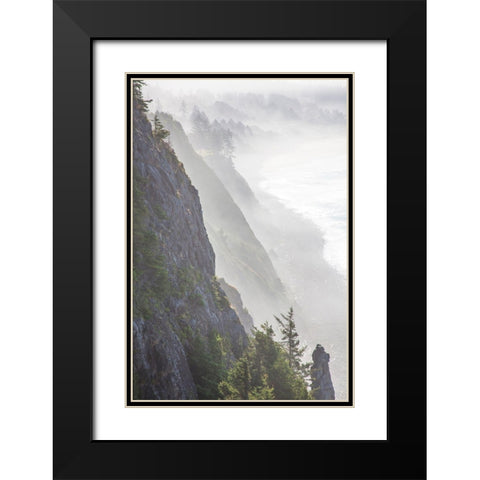 Oregon-Oswald West State Park and cliff bluffs looking towards Manzanita with lifting fog Black Modern Wood Framed Art Print with Double Matting by Gulin, Sylvia