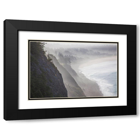 Oregon-Oswald West State Park and cliff bluffs looking towards Manzanita with lifting fog Black Modern Wood Framed Art Print with Double Matting by Gulin, Sylvia