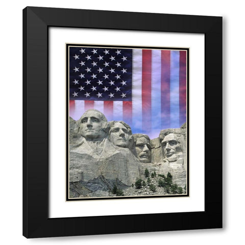 South Dakota American flag and Mt Rushmore NM Black Modern Wood Framed Art Print with Double Matting by Flaherty, Dennis