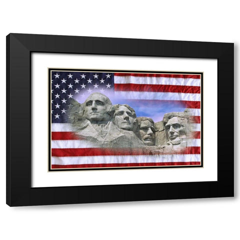 South Dakota American flag and Mt Rushmore NM Black Modern Wood Framed Art Print with Double Matting by Flaherty, Dennis