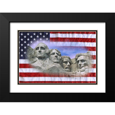 South Dakota American flag and Mt Rushmore NM Black Modern Wood Framed Art Print with Double Matting by Flaherty, Dennis