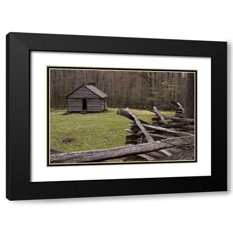 TN, Great Smoky Mts Abandoned cabin and fence Black Modern Wood Framed Art Print with Double Matting by Kaveney, Wendy