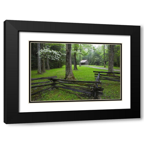 TN, Great Smoky Mts Fence and abandoned cabin Black Modern Wood Framed Art Print with Double Matting by Flaherty, Dennis