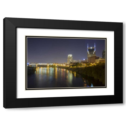 TN, Nashville City lights reflected in the River Black Modern Wood Framed Art Print with Double Matting by Grall, Don