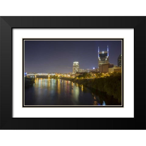 TN, Nashville City lights reflected in the River Black Modern Wood Framed Art Print with Double Matting by Grall, Don