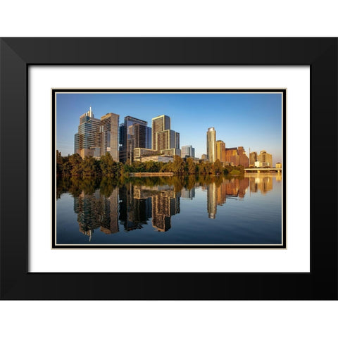 City skyline reflects in the Colorado River in Austin-Texas-USA Black Modern Wood Framed Art Print with Double Matting by Haney, Chuck