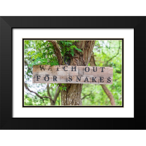 Castroville-Texas-USA-Sign warning snakes in the Texas Hill Country Black Modern Wood Framed Art Print with Double Matting by Wilson, Emily M.