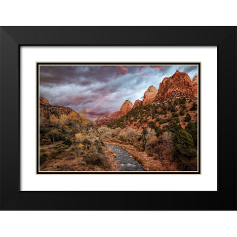 Utah-Zion National Park-A fiery sunset lights up Zions Virgin River and cottonwood trees Black Modern Wood Framed Art Print with Double Matting by Collins, Ann
