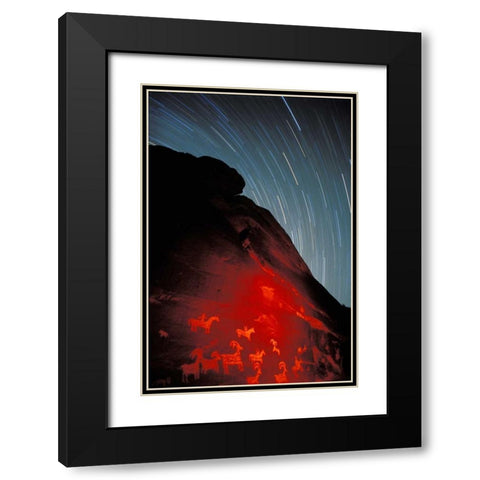 USA, Utah, Arches NP, Petroglyphs and star trails Black Modern Wood Framed Art Print with Double Matting by Kirkland, Dennis