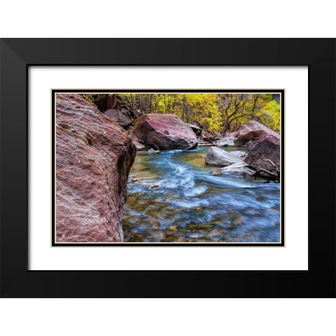 USA, Utah, Zion NP Stream in autumn landscape Black Modern Wood Framed Art Print with Double Matting by OBrien, Jay