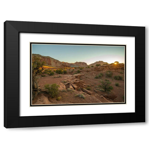 USA- Utah- Capitol Reef National Park. Sunrise sunburst on landscape. Black Modern Wood Framed Art Print with Double Matting by Jaynes Gallery