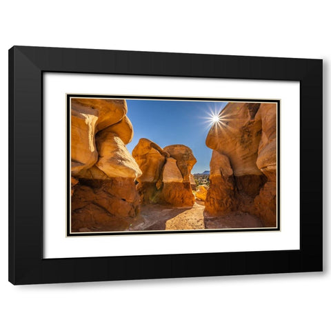 USA- Utah- Devils Garden Outstanding Natural Area. Sun starburst on hoodoo rock formations. Black Modern Wood Framed Art Print with Double Matting by Jaynes Gallery
