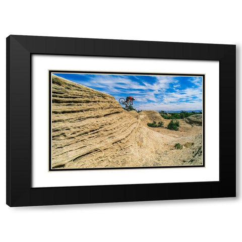 Mountain biker balances courage and danger and attempting to avoid crash on Red Rock-Utah-USA (MR) Black Modern Wood Framed Art Print with Double Matting by Garber, Howie