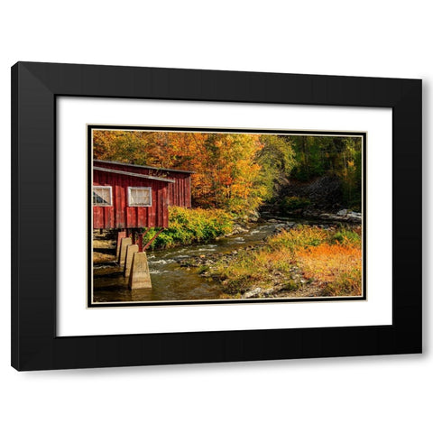USA-Vermont-Stowe-red mill on Little River as it flows south of Stowe to Winooski River-fall foliage Black Modern Wood Framed Art Print with Double Matting by Jones, Allison
