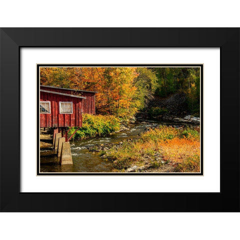 USA-Vermont-Stowe-red mill on Little River as it flows south of Stowe to Winooski River-fall foliage Black Modern Wood Framed Art Print with Double Matting by Jones, Allison