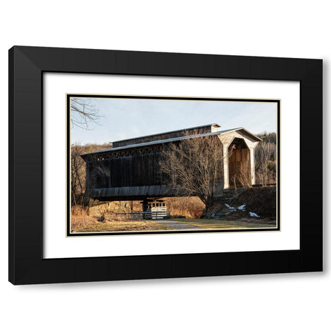 USA-Vermont-Wolcott on Rt 15 between Morrisville and Joes Pond-covered RR bridge over Lamoille River Black Modern Wood Framed Art Print with Double Matting by Jones, Allison