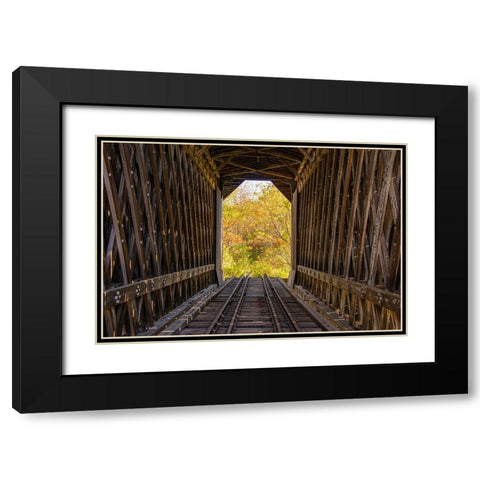 USA-Vermont-Fall foliage seen off Rt 15-Wolcott-Fisher Covered Railroad Bridge (1908) Black Modern Wood Framed Art Print with Double Matting by Jones, Allison