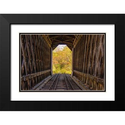 USA-Vermont-Fall foliage seen off Rt 15-Wolcott-Fisher Covered Railroad Bridge (1908) Black Modern Wood Framed Art Print with Double Matting by Jones, Allison