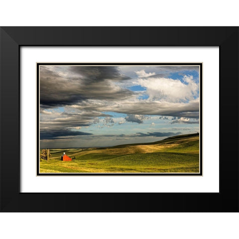 Red barn in valley of rolling farm fields-Palouse agricultural region of western Idaho Black Modern Wood Framed Art Print with Double Matting by Jones, Adam