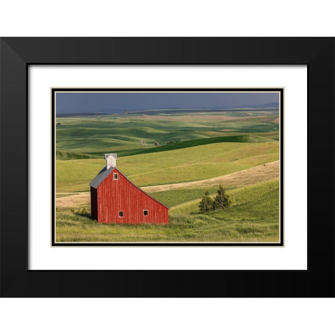 Red barn in valley of rolling farm fields-Palouse agricultural region of western Idaho Black Modern Wood Framed Art Print with Double Matting by Jones, Adam