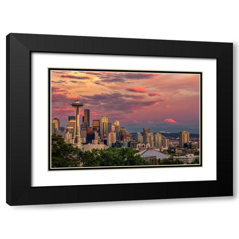 Seattle-Washington State skyline and distant Mt Rainier Black Modern Wood Framed Art Print with Double Matting by Jones, Adam