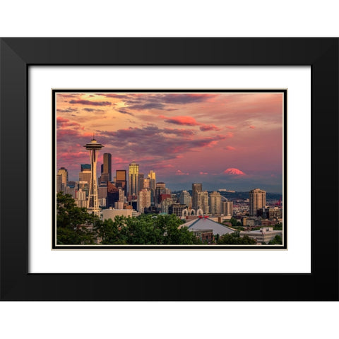 Seattle-Washington State skyline and distant Mt Rainier Black Modern Wood Framed Art Print with Double Matting by Jones, Adam
