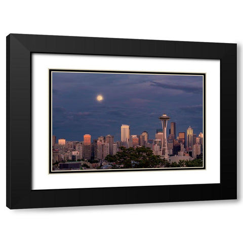 Seattle skyline and super moon at dusk-Seattle-Washington State Black Modern Wood Framed Art Print with Double Matting by Jones, Adam