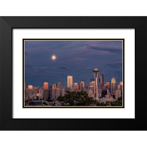 Seattle skyline and super moon at dusk-Seattle-Washington State Black Modern Wood Framed Art Print with Double Matting by Jones, Adam