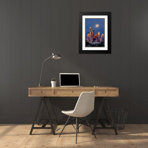 Seattle skyline and super moon at dusk-Seattle-Washington State Black Modern Wood Framed Art Print with Double Matting by Jones, Adam