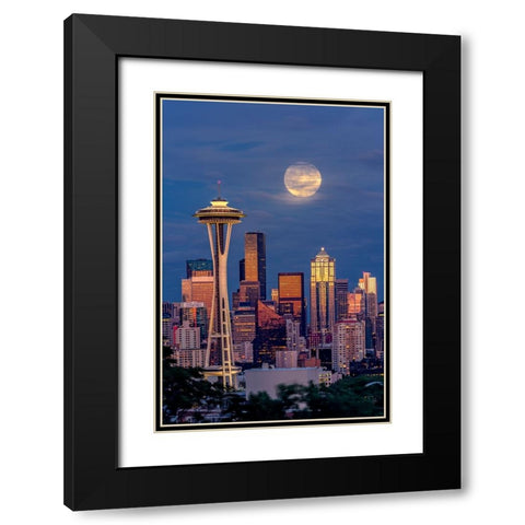 Seattle skyline and super moon at dusk-Seattle-Washington State Black Modern Wood Framed Art Print with Double Matting by Jones, Adam