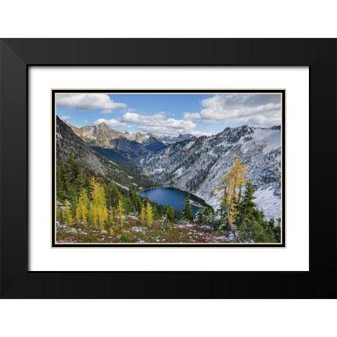 Lake Ann and golden larches after autumn snowfall North Cascades-Washington State Black Modern Wood Framed Art Print with Double Matting by Majchrowicz, Alan
