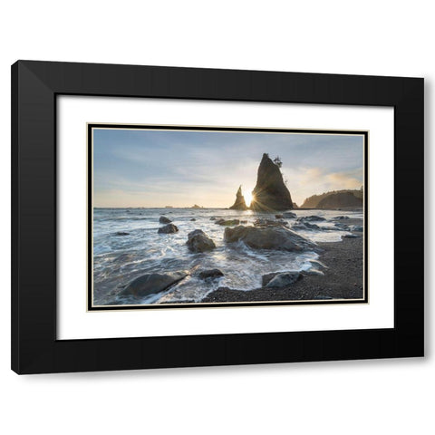 Setting sun behind Split Rock on Rialto Beach-Olympic National Park Black Modern Wood Framed Art Print with Double Matting by Majchrowicz, Alan