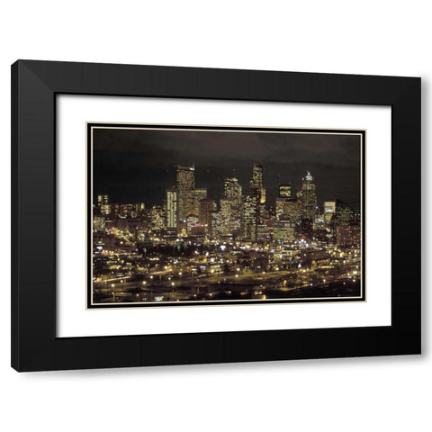Washington, Seattle Night skyline of downtown Black Modern Wood Framed Art Print with Double Matting by Grall, Don