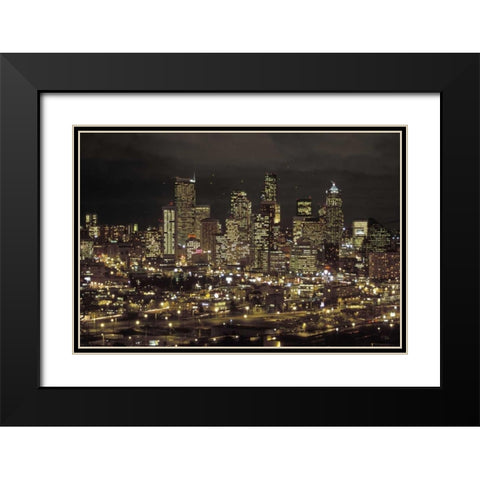 Washington, Seattle Night skyline of downtown Black Modern Wood Framed Art Print with Double Matting by Grall, Don