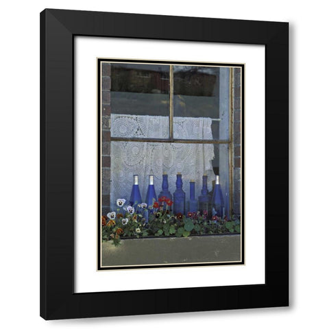 WA, Palouse Row of blue bottles and flowers Black Modern Wood Framed Art Print with Double Matting by Grall, Don