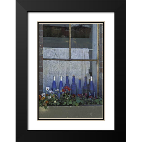 WA, Palouse Row of blue bottles and flowers Black Modern Wood Framed Art Print with Double Matting by Grall, Don
