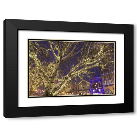 WA, Leavenworth Christmas lights line the town Black Modern Wood Framed Art Print with Double Matting by Paulson, Don