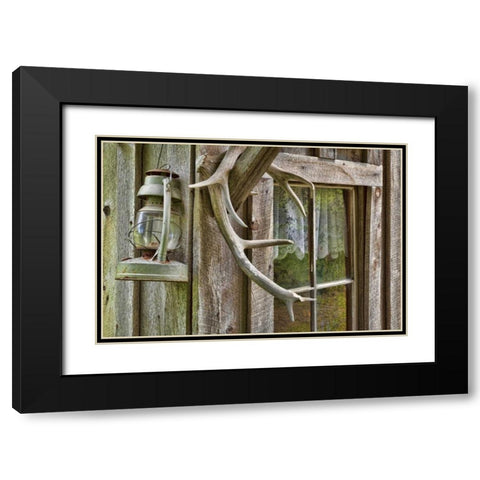 WA, Stehekin Antlers and lantern outside a cabin Black Modern Wood Framed Art Print with Double Matting by Paulson, Don