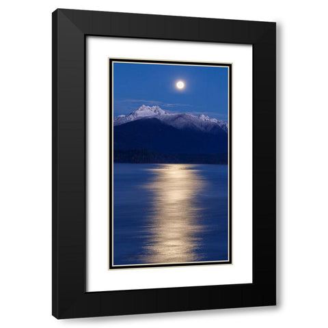Washington State-Seabeck Moon over Olympic Mountains and Hood Canal at sunrise Black Modern Wood Framed Art Print with Double Matting by Jaynes Gallery