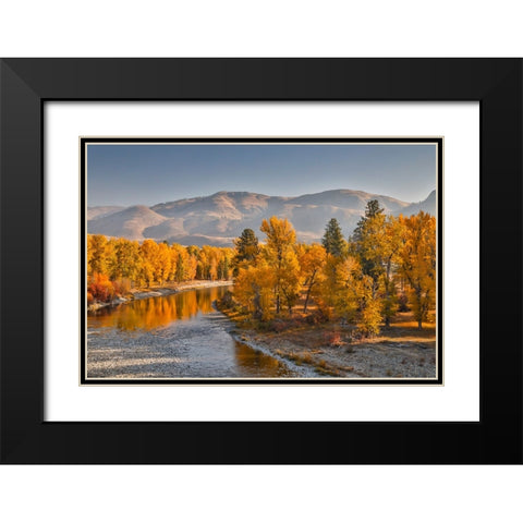 USA- Washington State- Methow Valley and river edged in Fall colored trees. Black Modern Wood Framed Art Print with Double Matting by Gulin, Darrell