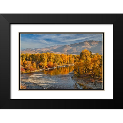 USA- Washington State- Methow Valley and river edged in Fall colored trees. Black Modern Wood Framed Art Print with Double Matting by Gulin, Darrell