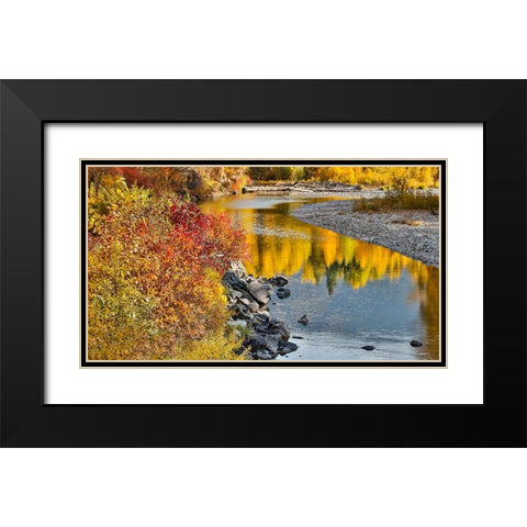 USA- Washington State- Methow Valley and river edged in Fall colored trees. Black Modern Wood Framed Art Print with Double Matting by Gulin, Darrell