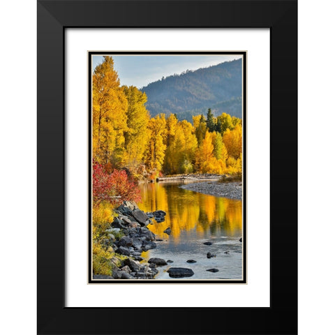 USA- Washington State- Methow Valley and river edged in Fall colored trees. Black Modern Wood Framed Art Print with Double Matting by Gulin, Darrell