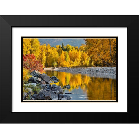 USA- Washington State- Methow Valley and river edged in Fall colored trees. Black Modern Wood Framed Art Print with Double Matting by Gulin, Darrell