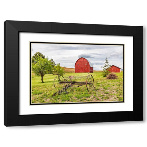 Albion-Washington State-USA-Red barns and antique farm equipment in the Palouse hills Black Modern Wood Framed Art Print with Double Matting by Wilson, Emily M.